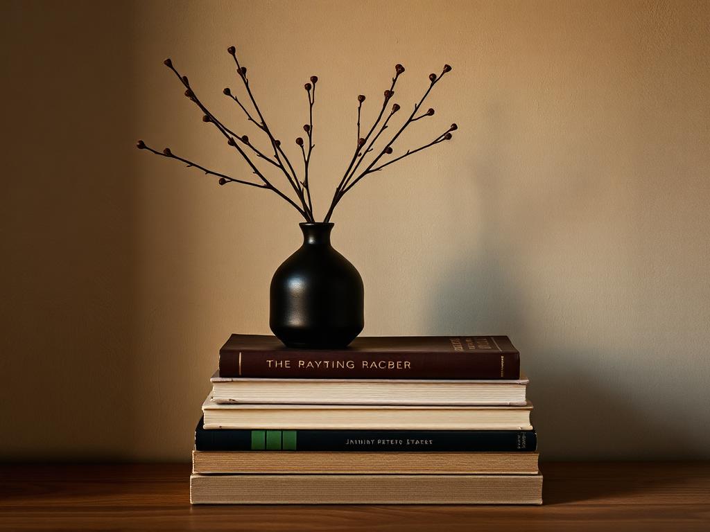 A stack of books topped with a small black vase