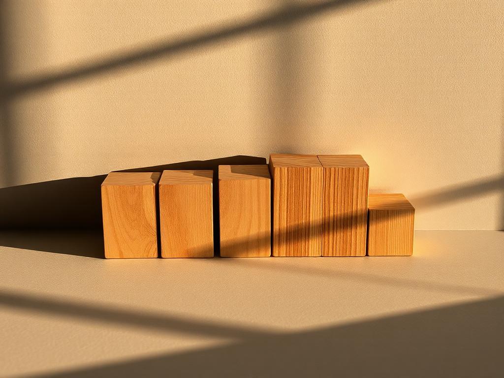 Wooden blocks arranged like a staircase in warm light
