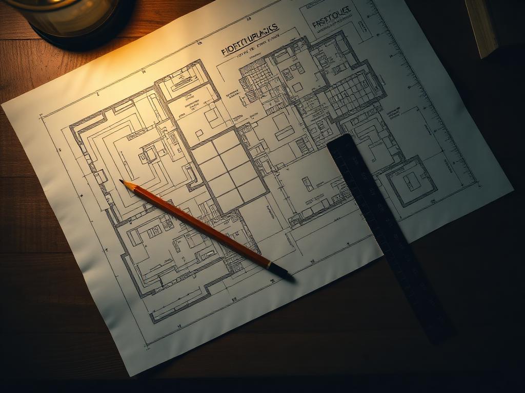 Architectural blueprints on a wooden desk