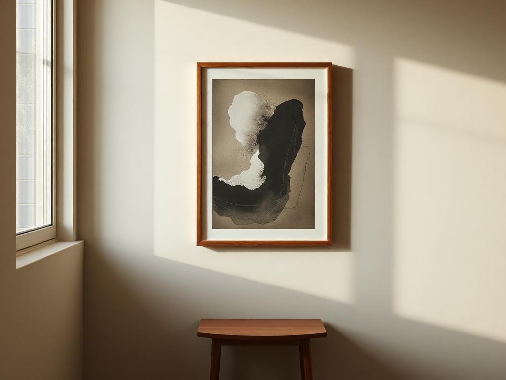 A framed abstract print on a quiet sunlit wall