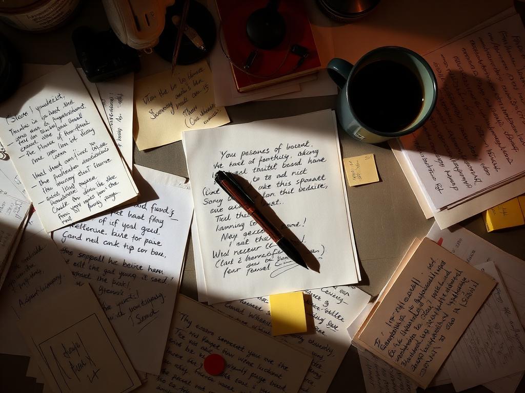 A desk covered in handwritten notes and loose paper