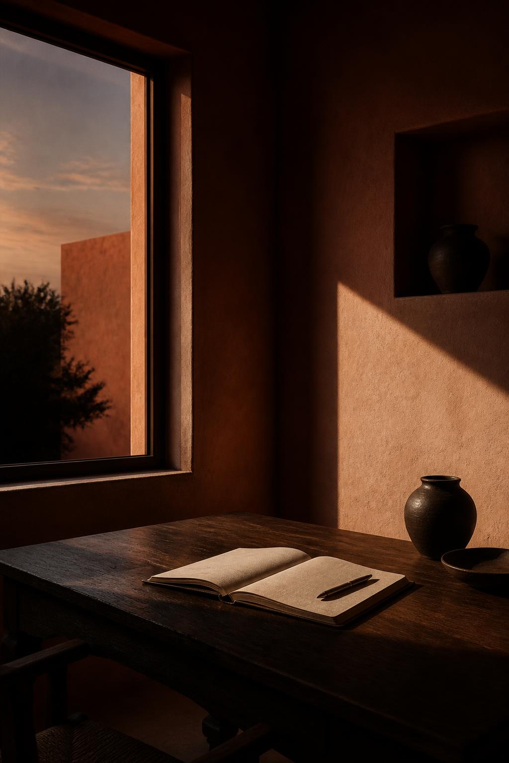 A quiet study at dusk with an open notebook on a dark wooden desk