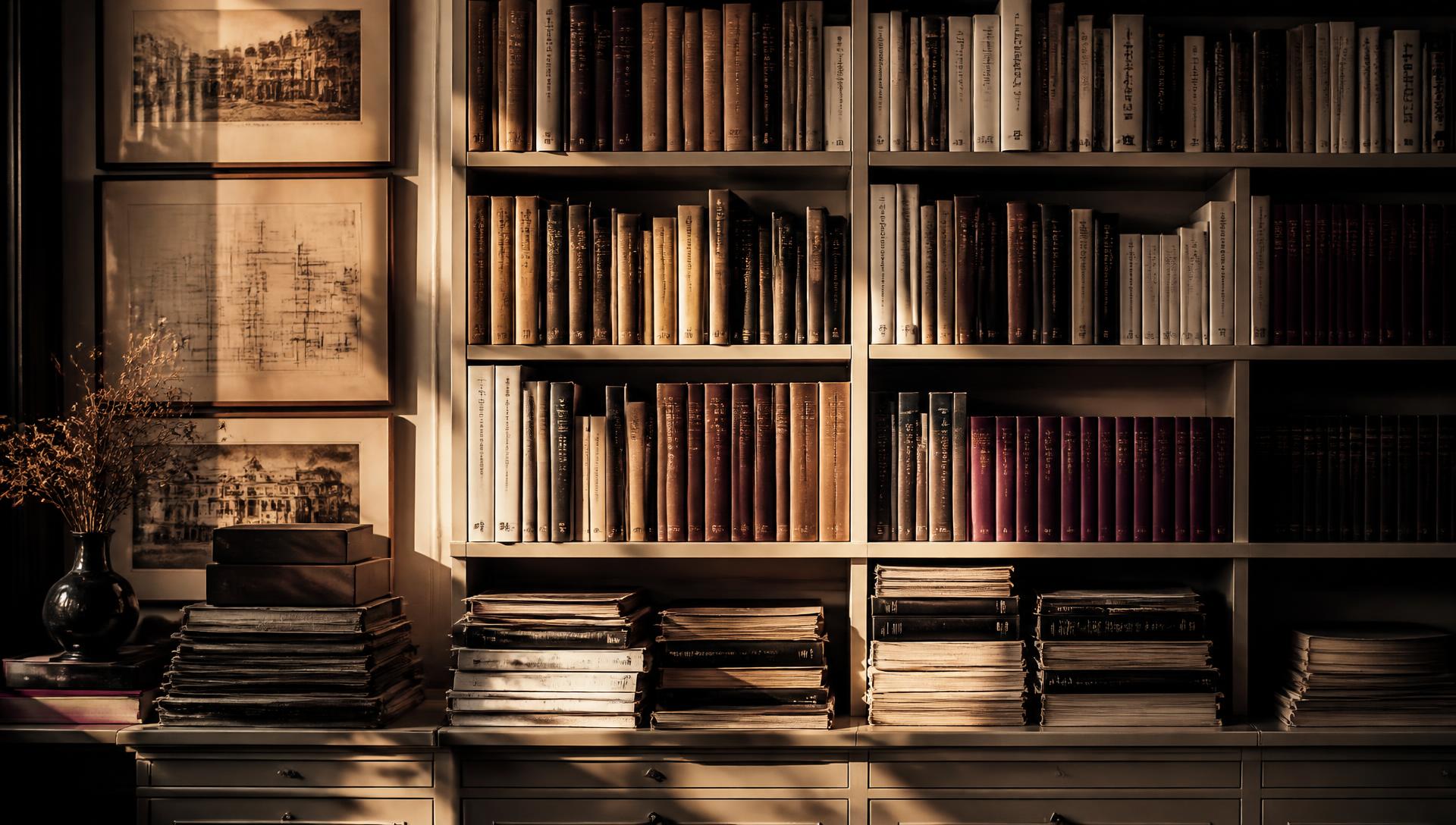 Shelves of books in warm afternoon light